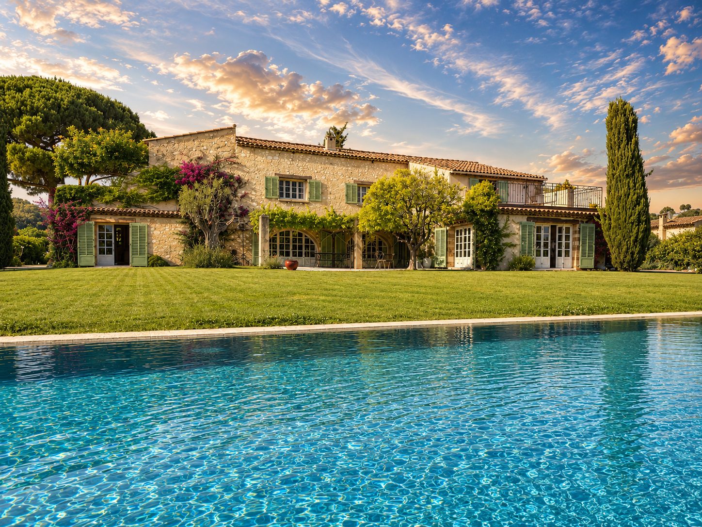 Mas des Serres — stone farmhouse above the heated pool and lawn, near Saint-Paul-de-Vence