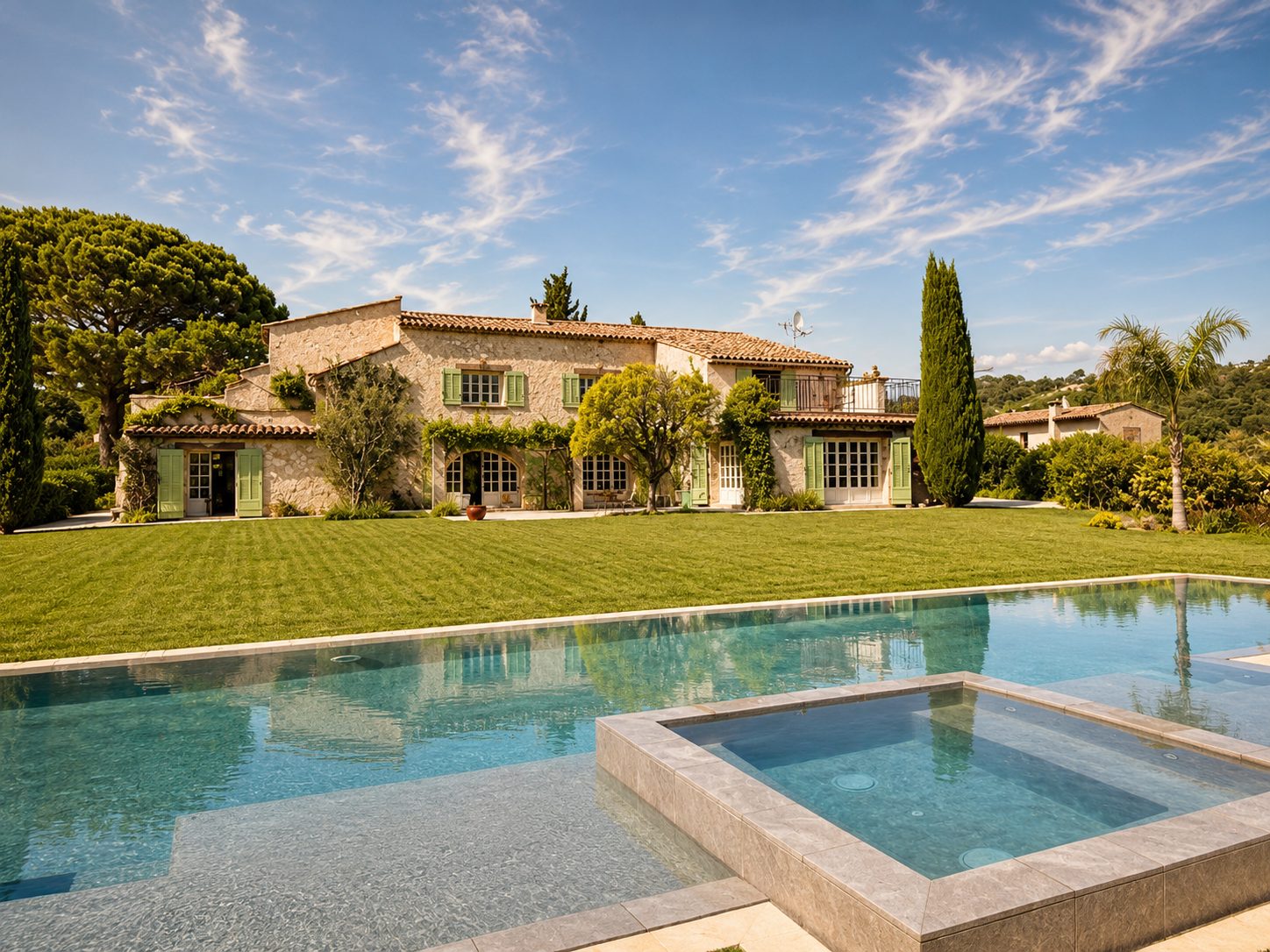 The main farmhouse seen across the pool and lawn at Mas des Serres