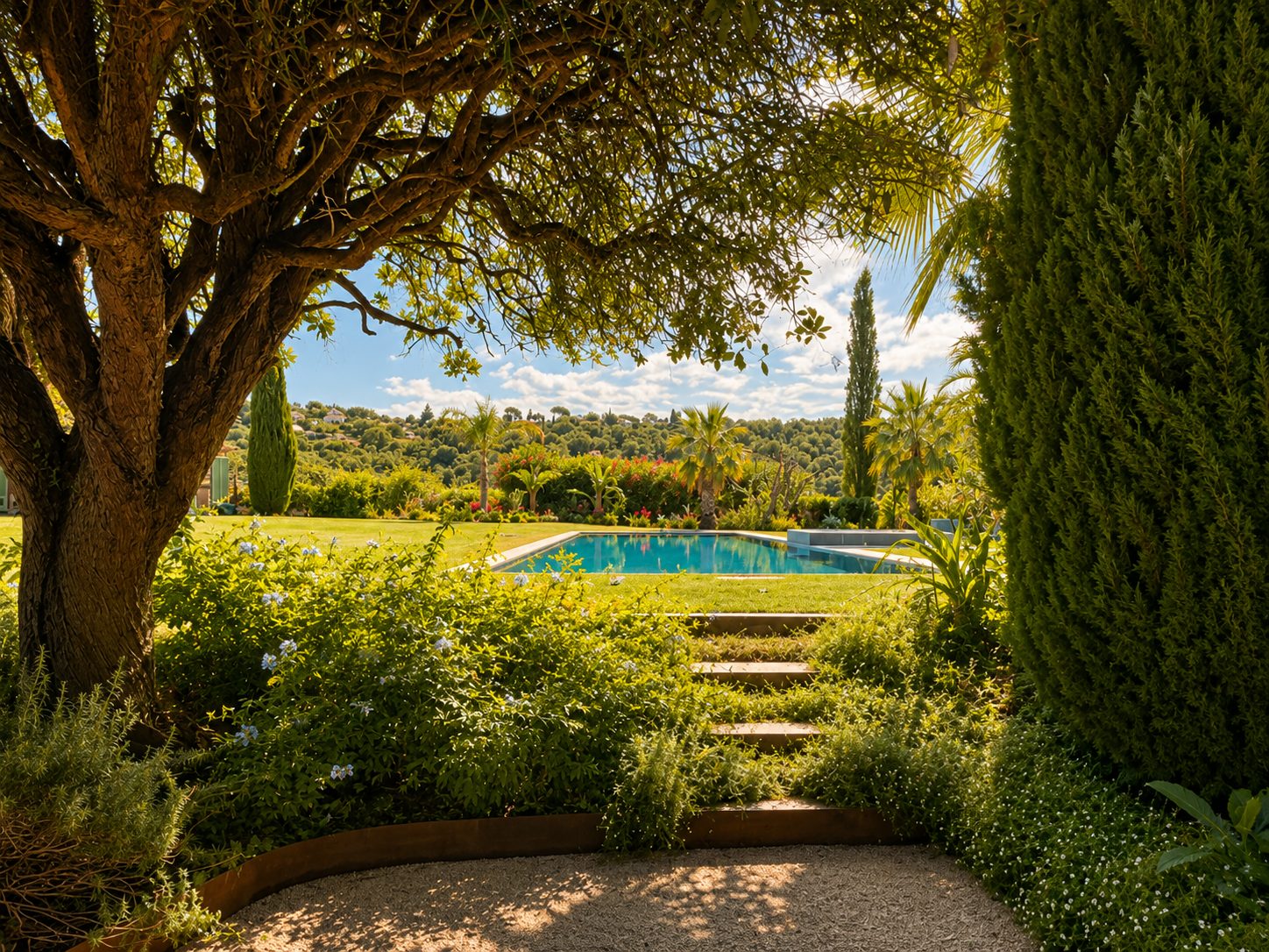 Heated pool at Mas des Serres in daylight, with cypress trees and the hills beyond